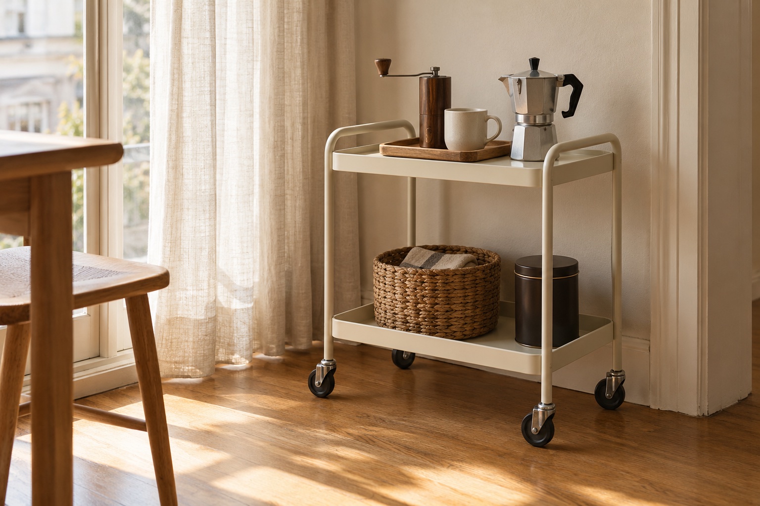 Cream rolling coffee trolley with a moka pot, hand grinder, mug, and woven storage basket. AI-generated design inspiration.