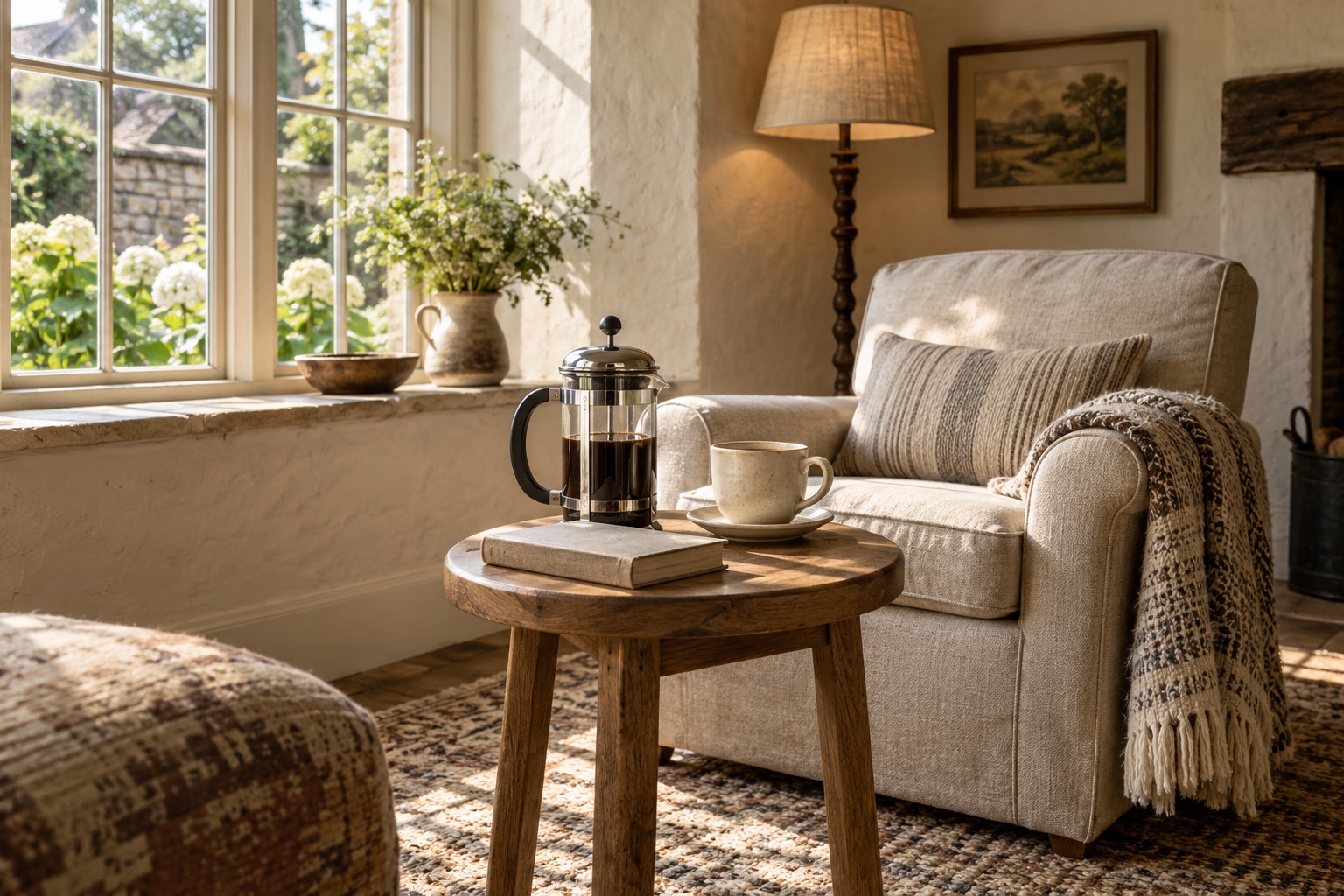 French press and ceramic mug on an oak side table beside a linen armchair. AI-generated design inspiration.