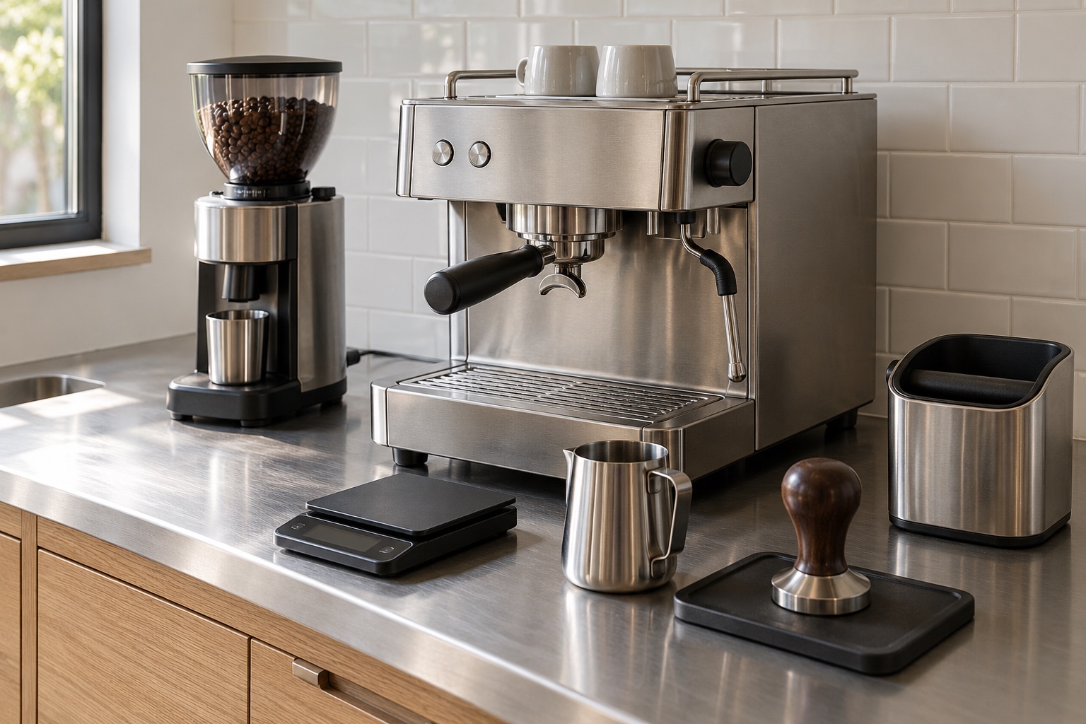 Stainless home espresso workstation with grinder, coffee scale, milk pitcher, tamper, and knock box. AI-generated design inspiration.