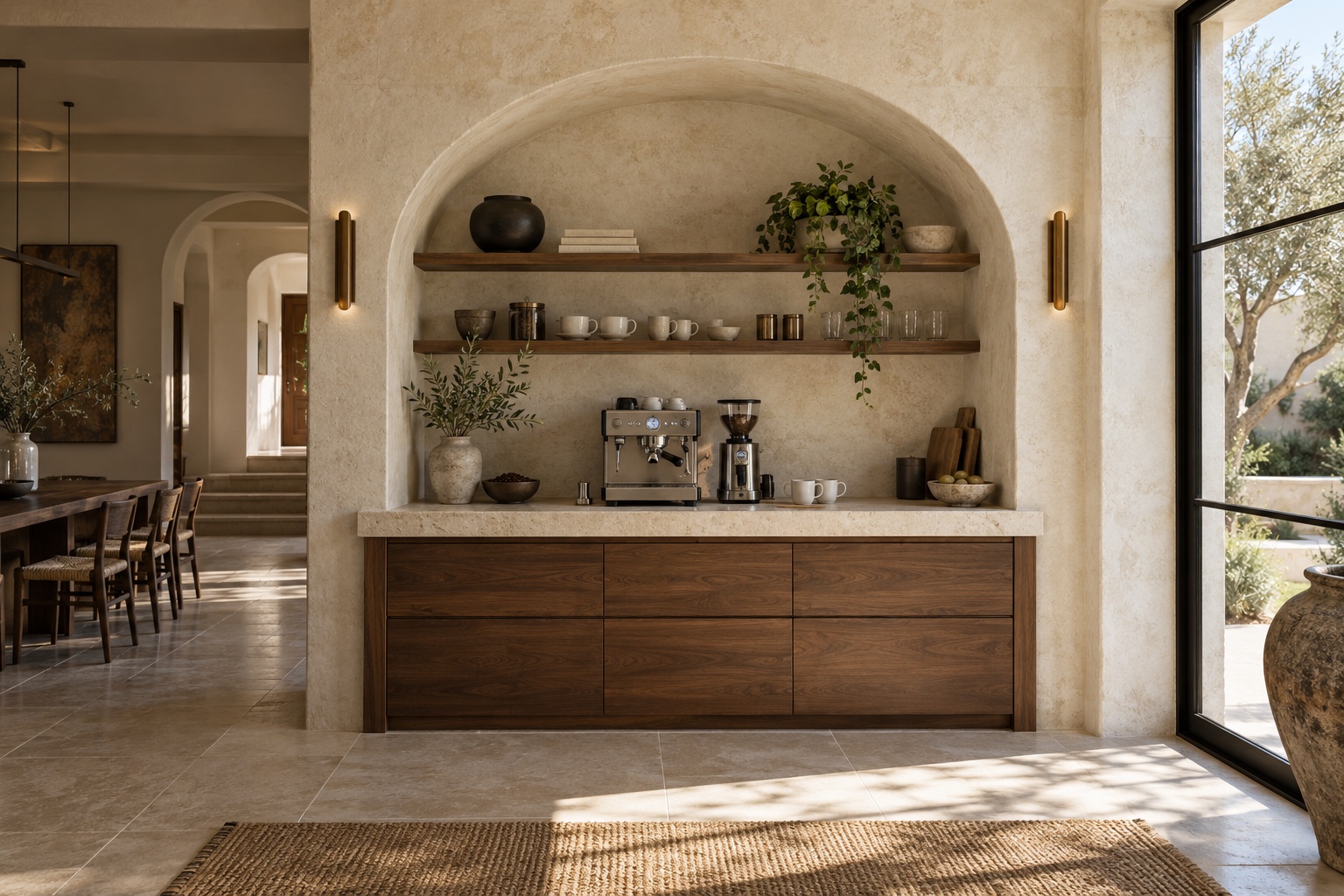 An architectural coffee room with natural stone, timber and soft daylight; AI design inspiration
