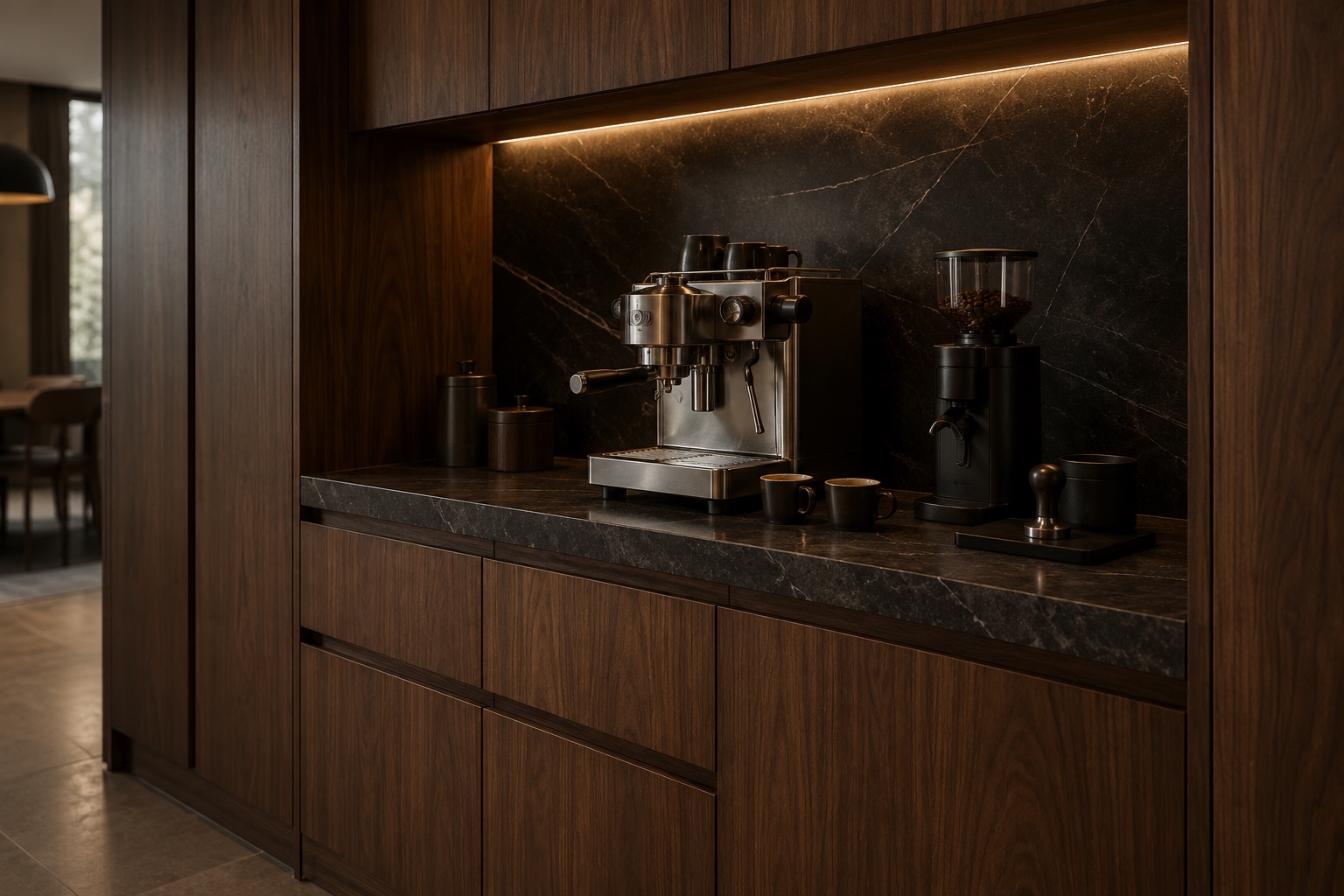 Dark stone coffee bar set into walnut cabinetry with stainless espresso equipment. AI-generated design inspiration.