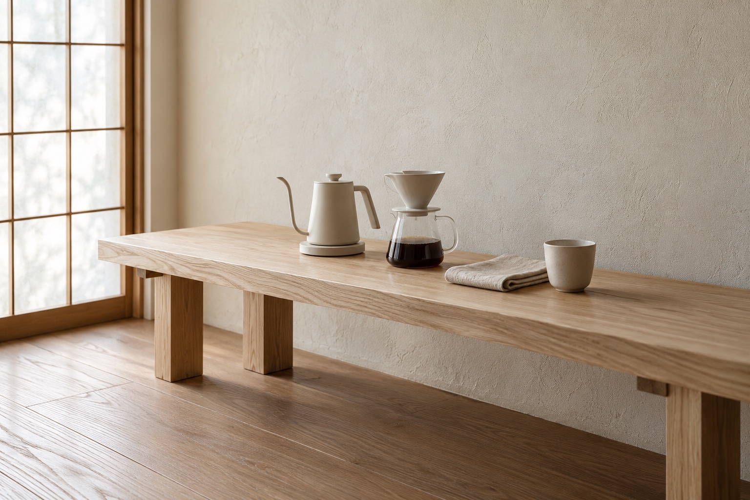 Ivory kettle and ceramic pour-over dripper on a pale ash table in a quiet bright room. AI-generated design inspiration.