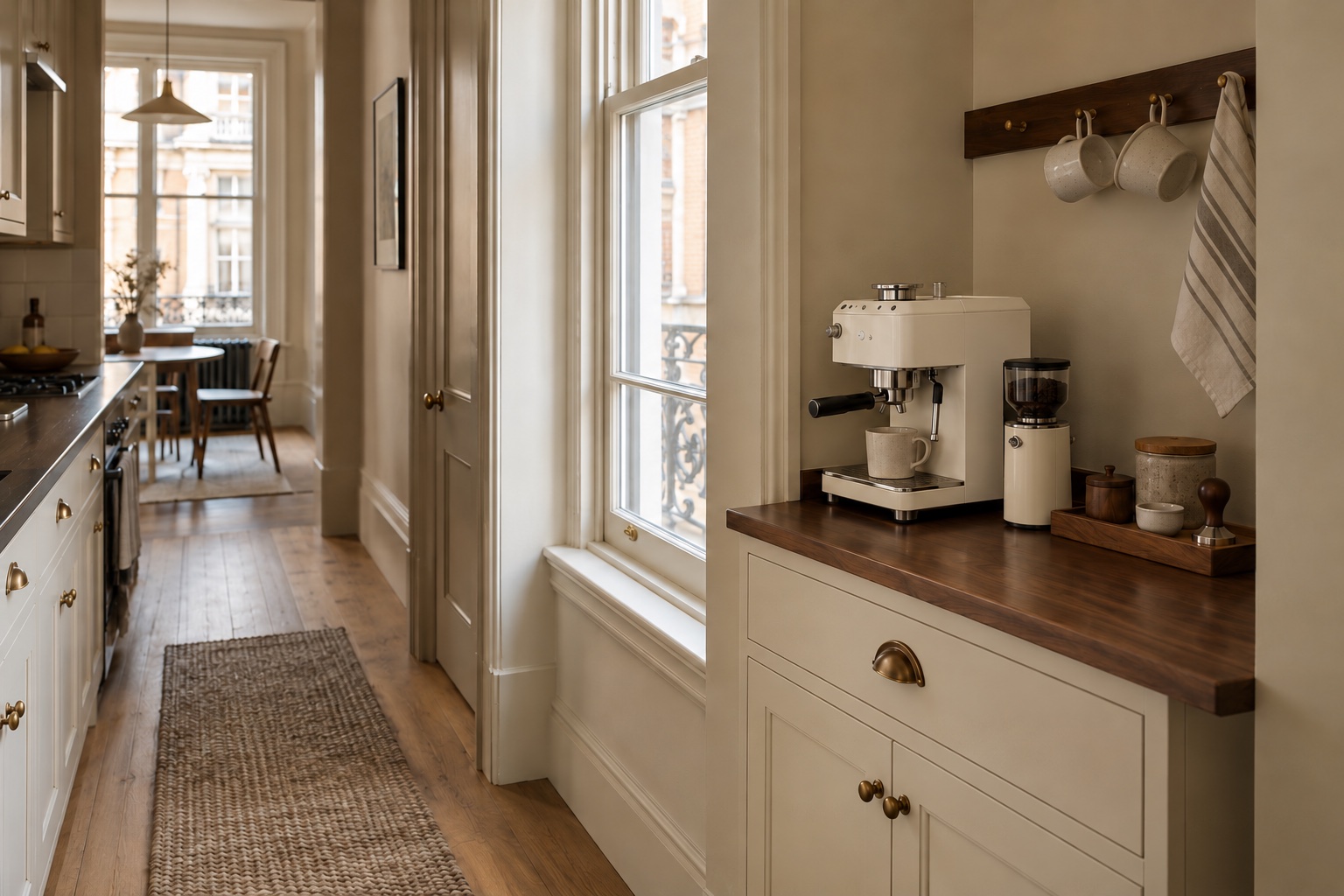 Compact cream espresso machine and grinder on a narrow walnut counter beside a sash window. AI-generated design inspiration.