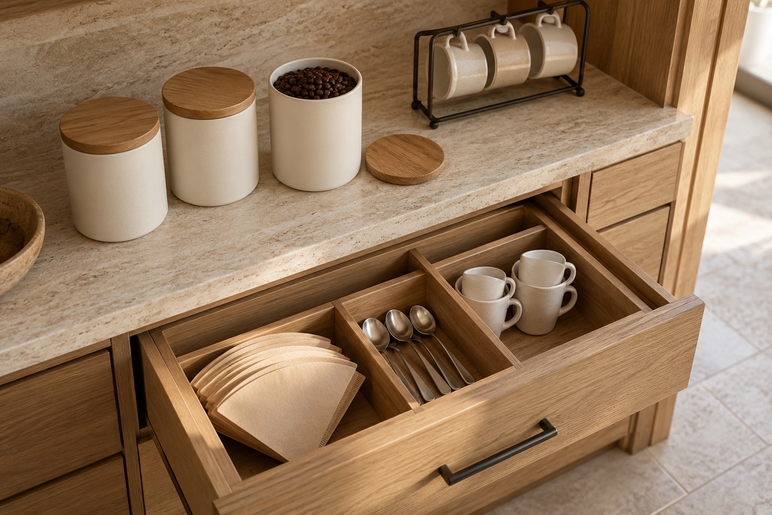 Divided oak coffee drawer with filters, spoons, and cups beneath cream bean canisters. AI-generated design inspiration.